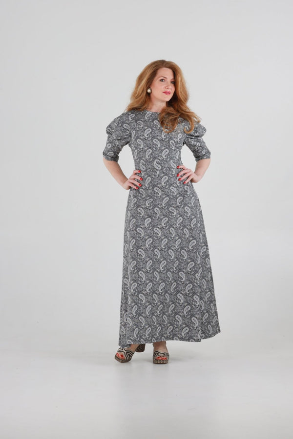 1 - Hera long dress in grey liberty print paisley fabric