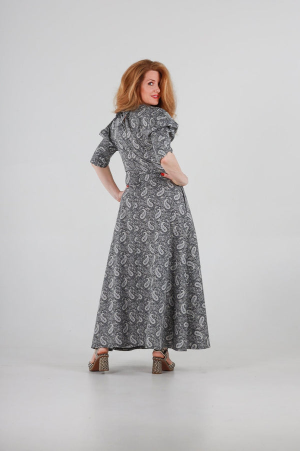 1 - Hera long dress in grey liberty print paisley fabric