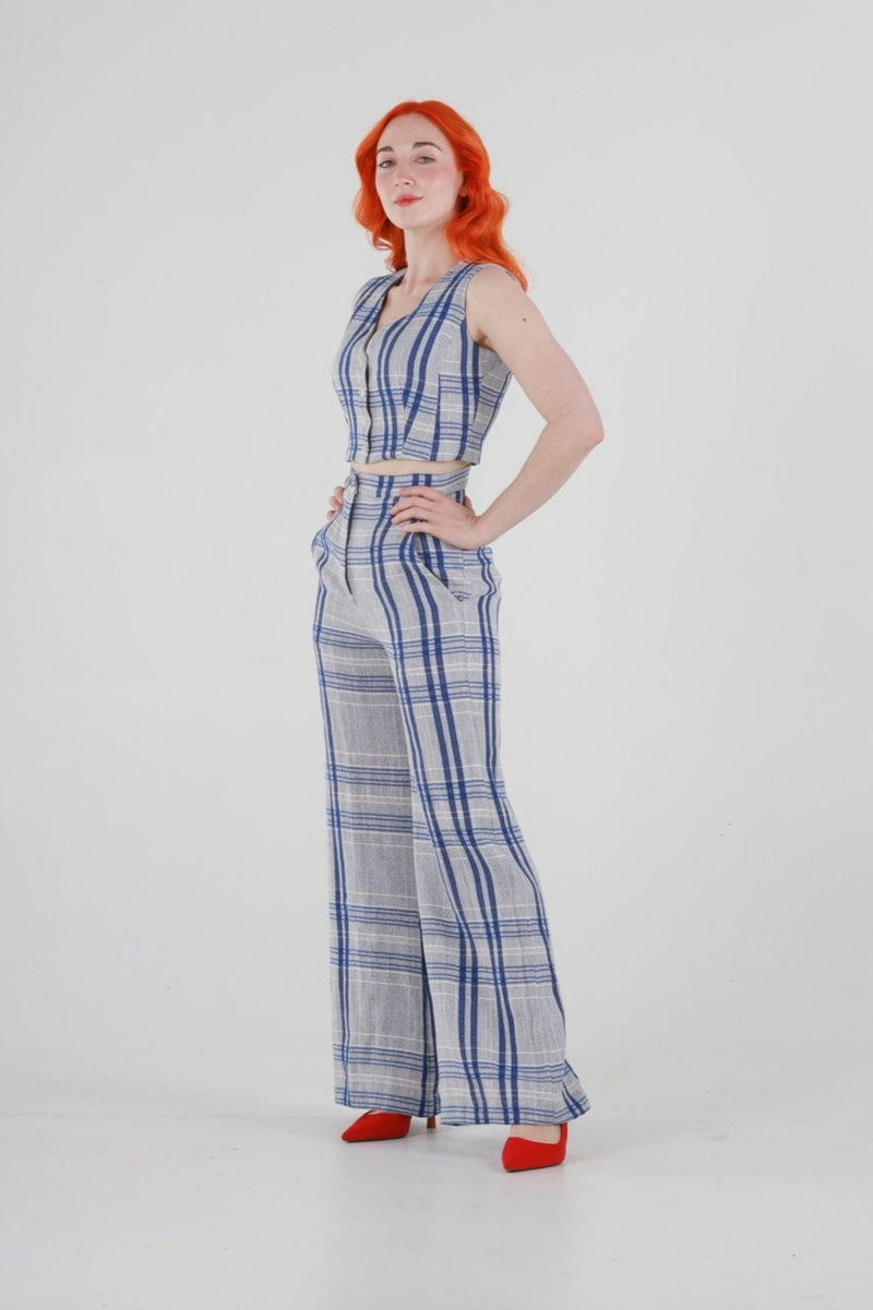 1 - High waisted wide leg pants in blue and white plaid