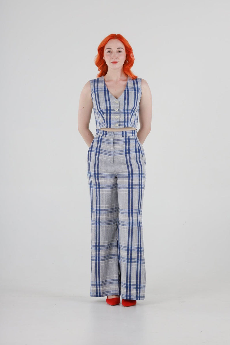 1 - High waisted wide leg pants in blue and white plaid