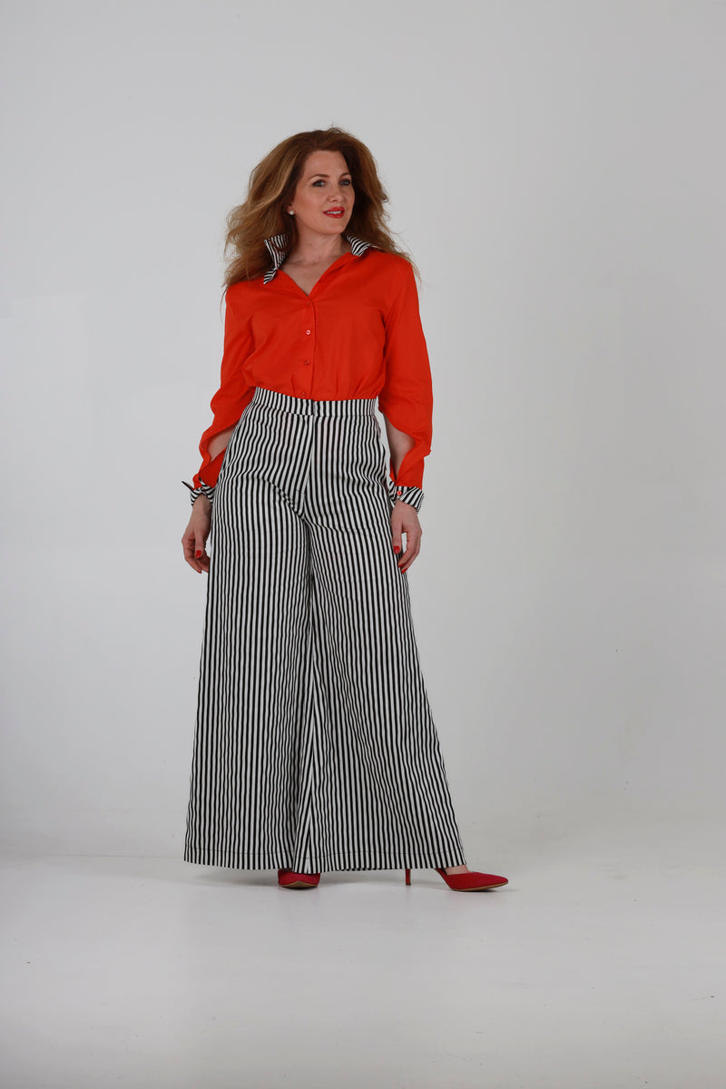 1 - High waisted palazzo pants in black and white stripes