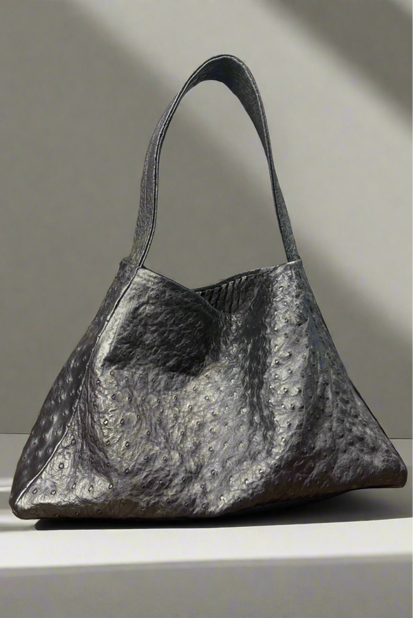 1 - Black bucket bag handmade in genuine ostrich leather