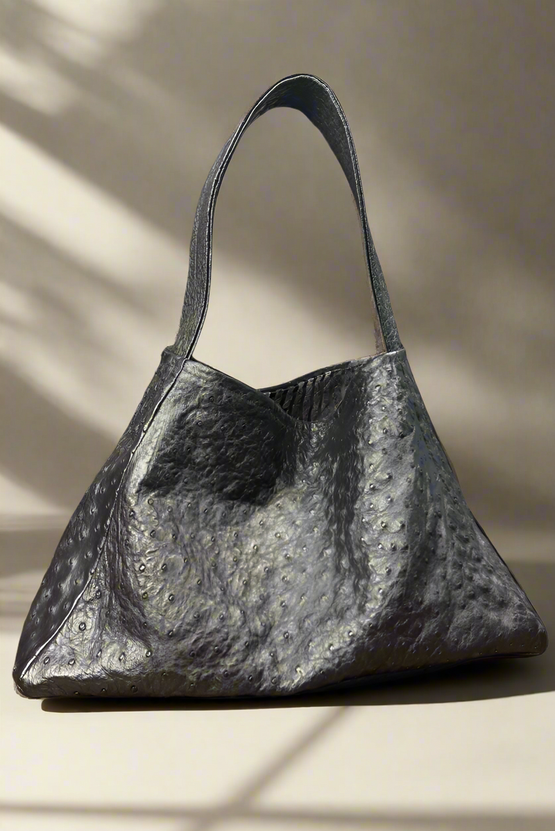 1 - Black bucket bag handmade in genuine ostrich leather