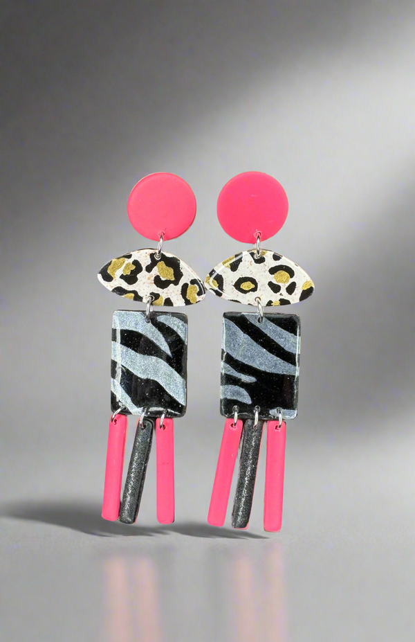 1- Long pink and animal print earrings