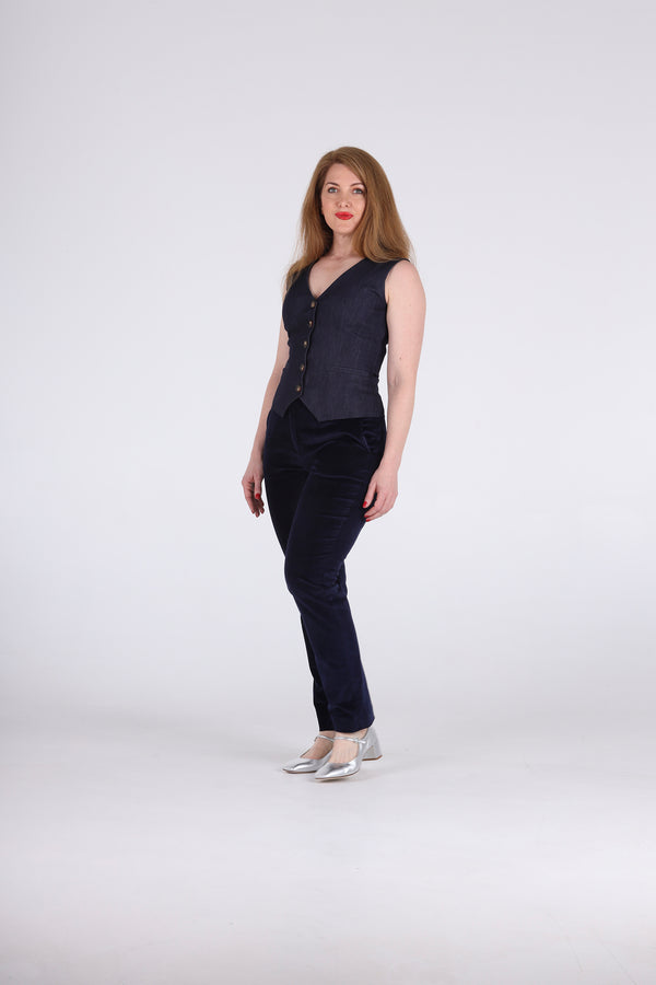 1 - Navy velvet high waisted pants in straight leg