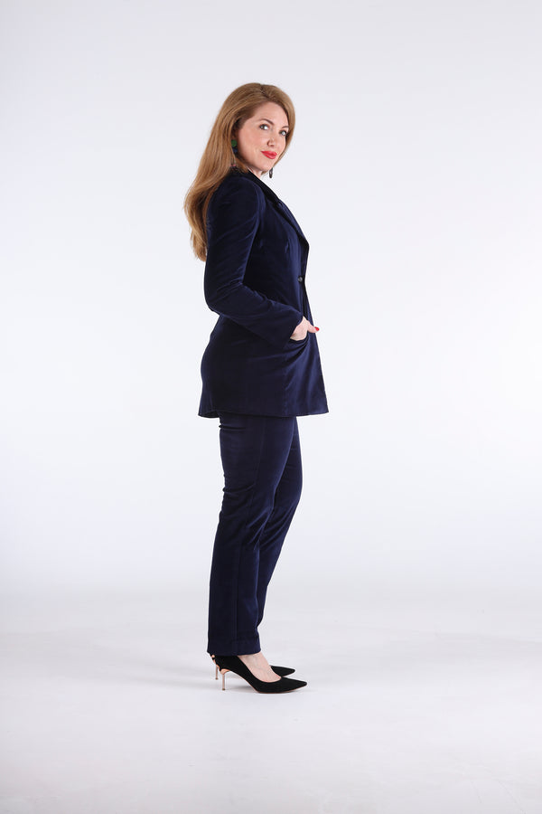 1 - Navy velvet high waisted pants in straight leg