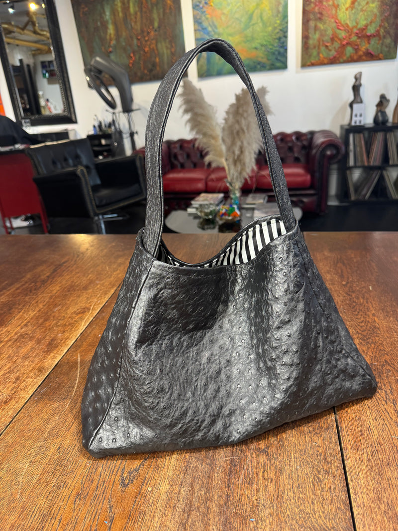 1 - Black bucket bag handmade in genuine ostrich leather